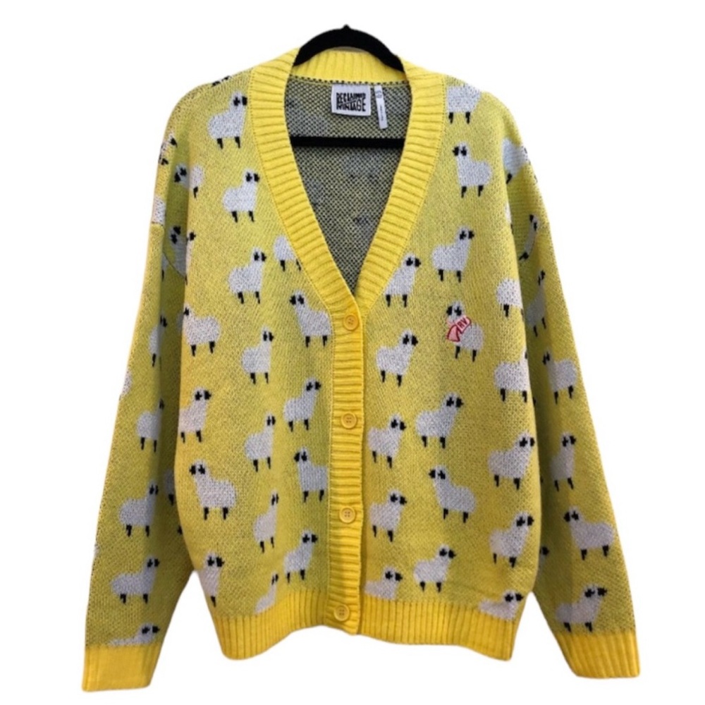 ASOS Reclaimed Vintage Yellow Graphic Knit Sheep Oversized Cardigan Sweater 10